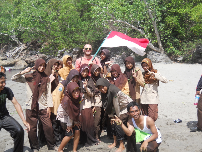 Blake Ingram with students in Indonesia