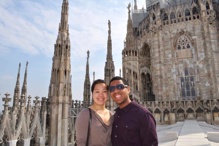 Marcus poses with a friend on the roof of the Duomo Cathedral in Milan, Italy.