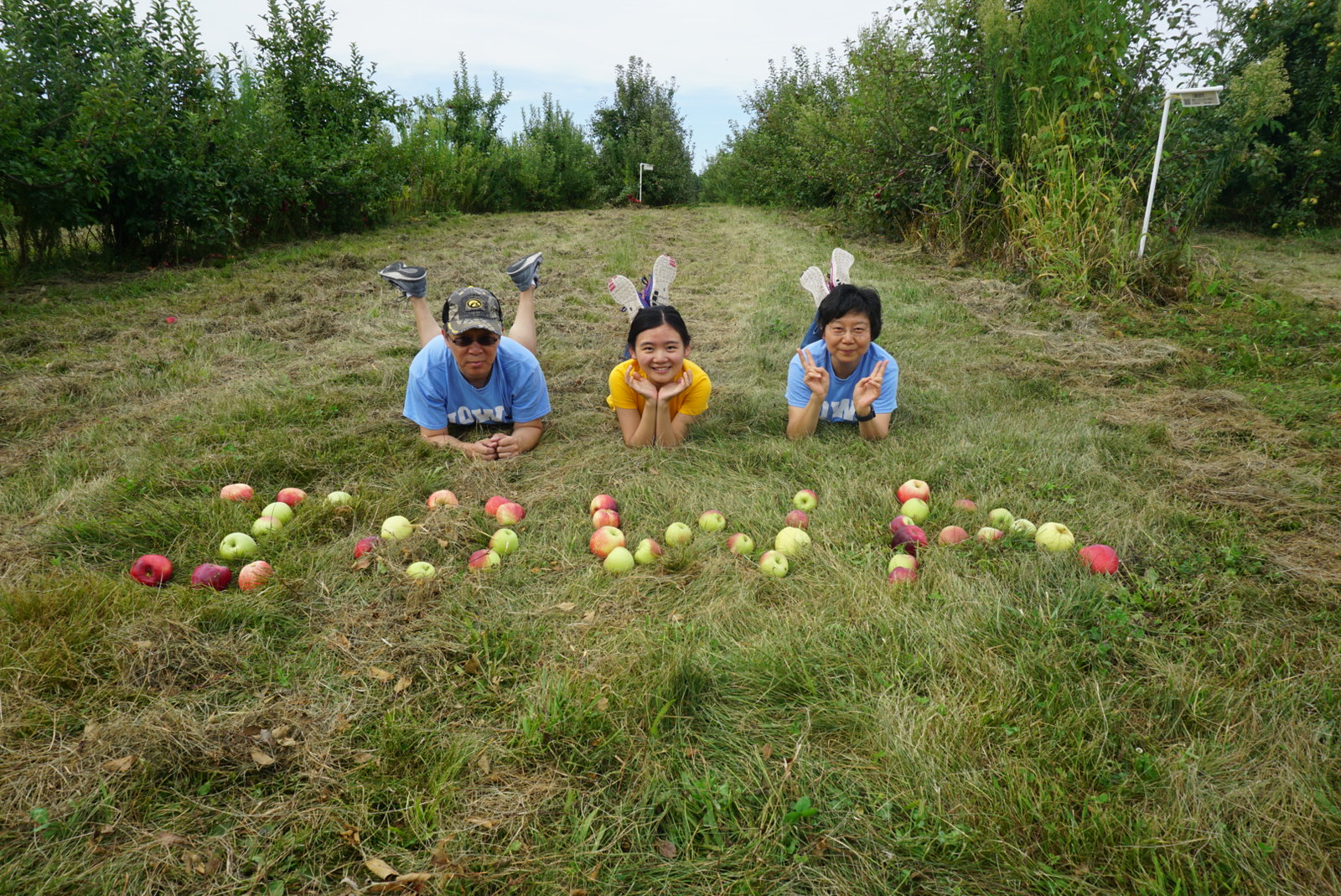 family in apple orchard with Iowa written in apples