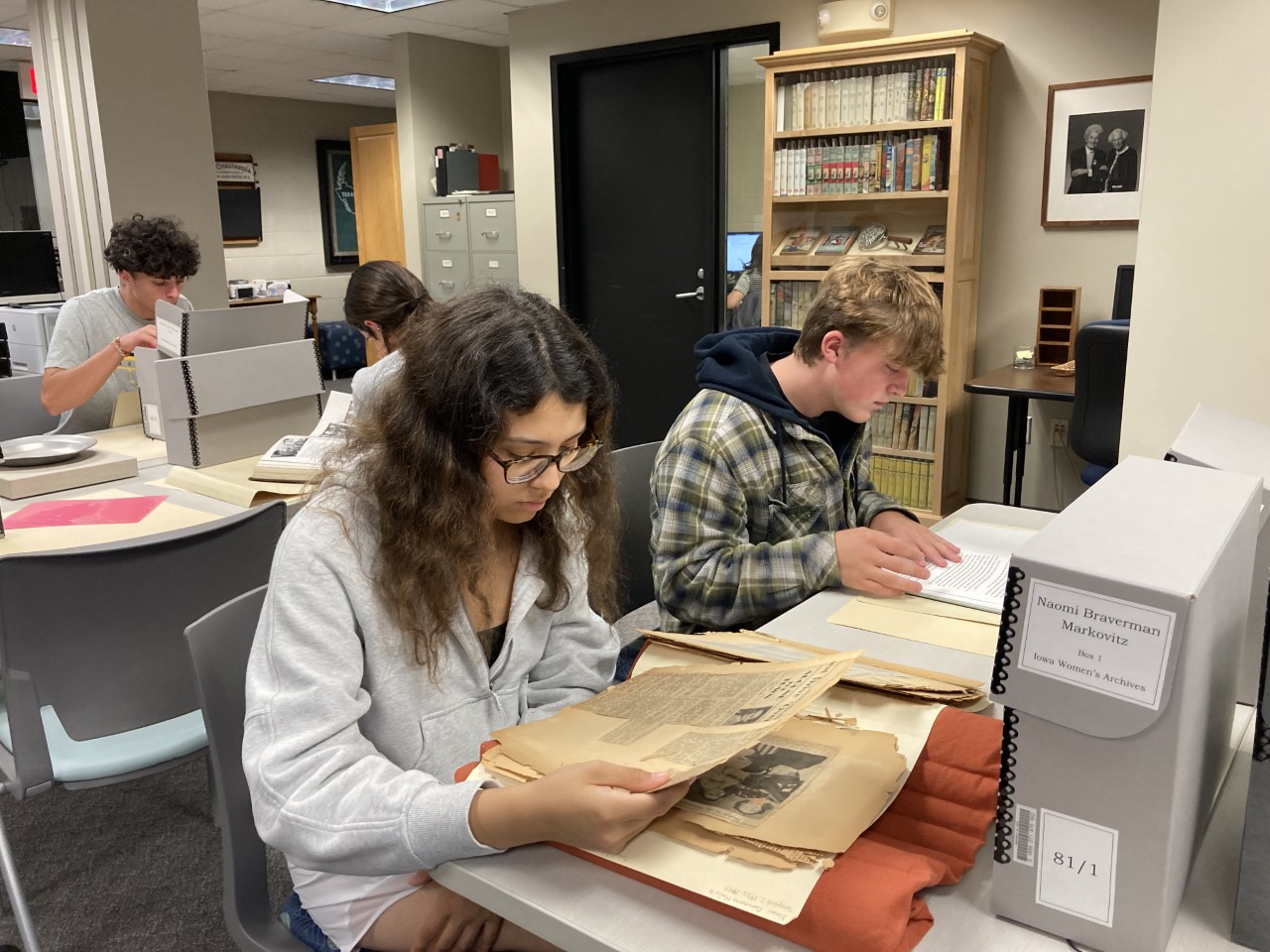 Students in Prof. Heineman's first-year seminar, "Jewish Life Today," researching Iowa's Jewish history in the Iowa Women's Archives.