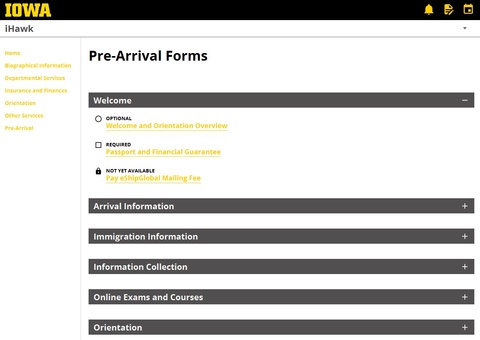 Pre-Arrival Forms page on iHawk