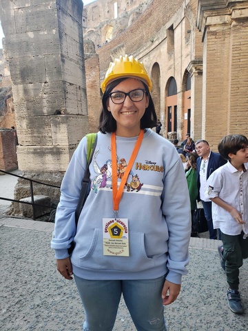 Hannah Huzzey at Colosseum in Rome wearing hard hat