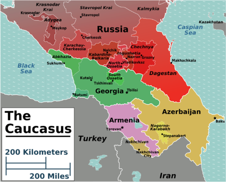 A map of the Caucasus region, located between the Black Sea and Caspian Sea. 