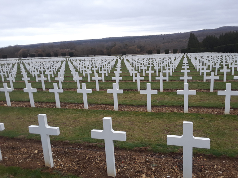 a field of cross gravestones at Douaumont National Cemetery