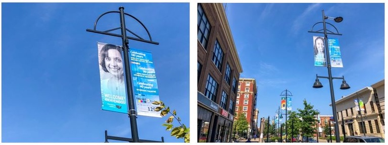 Welcoming banners displayed in downtown Iowa City; photos courtesy of Liz Hubing