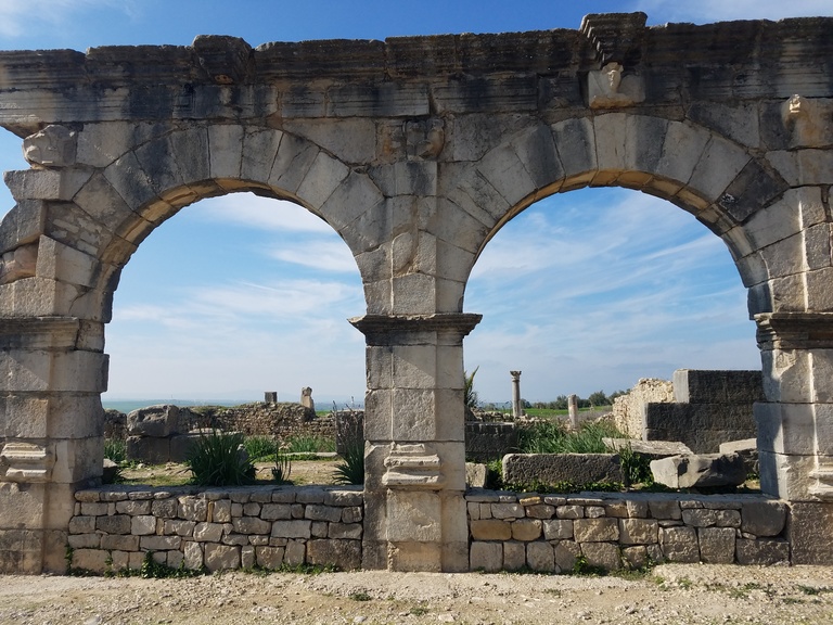 Roman ruins at Volubilis, largely intact and still occupied by locals until an earthquake in 1755. Now occupied largely by tourists and archaeologists.&nbsp;&nbsp;
