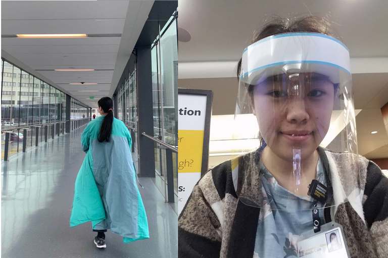 As a screener at UIHC, Hanxi Tang is provided with protective gear, including a hospital gown and a face mask.