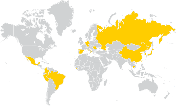 Map of the world with gold highlighted countries representing where Fulbright students are headed