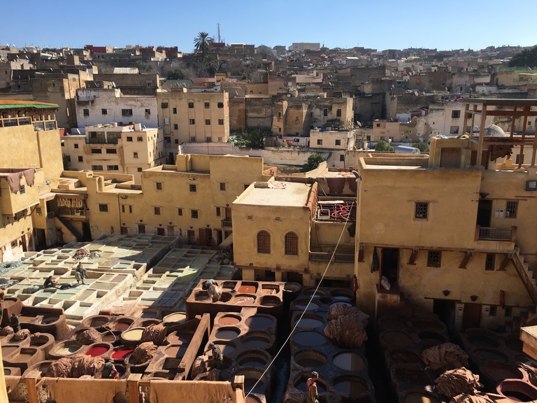 The tanneries at the center of the Fes medina—leather goods have been made here this way since the 11th century! It looks better than it smells. 