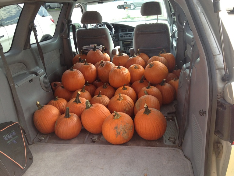 A van full of pumpkins.