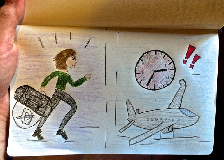 A drawing of Hannah running through the airport with her suitcase