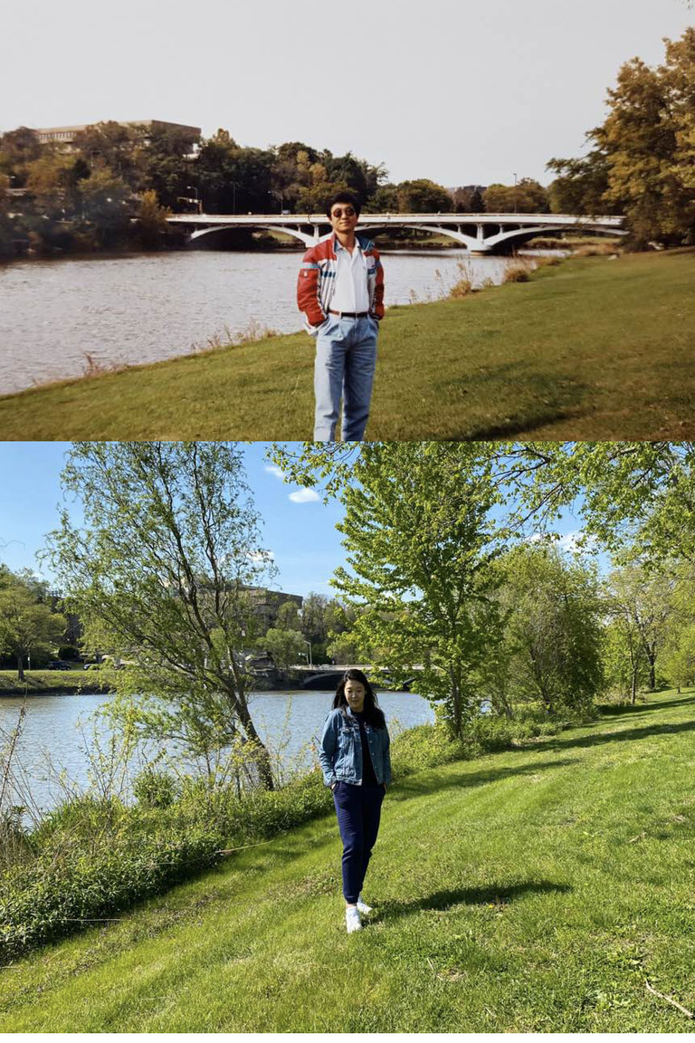Sojeong standing in the same spot on campus where her father, Dr. Sangin Nam, posed over 30 years prior