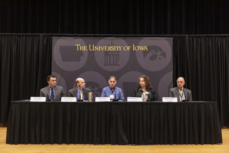 University of Iowa officials talk to reporters during a media availability event