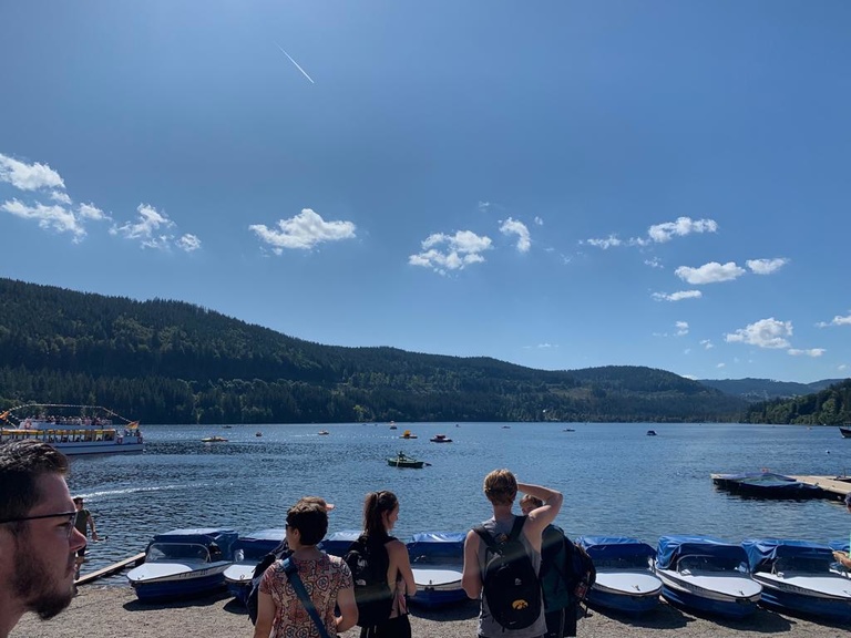 Pictured Below: Myself arriving at the lake (the one with the Hawkeye backpack) and several other American students studying at Freiburg through the AYF, academic year at Freiburg program.