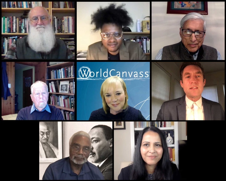 Gandhi at 150 WorldCanvass panelists screenshot