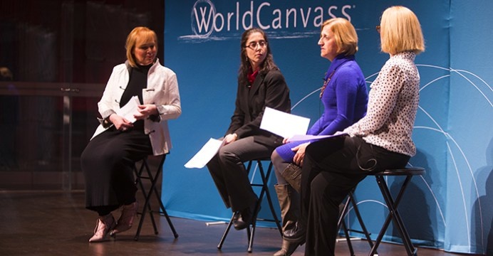 Iowa City Community School District Health Services Coordinator Susie Poulton (third from left) speaks during the WorldCanvass: Resilience Over Trauma event in the Recital Hall of the Voxman Music Building on Monday, Feb. 20, 2017. Important advances are 