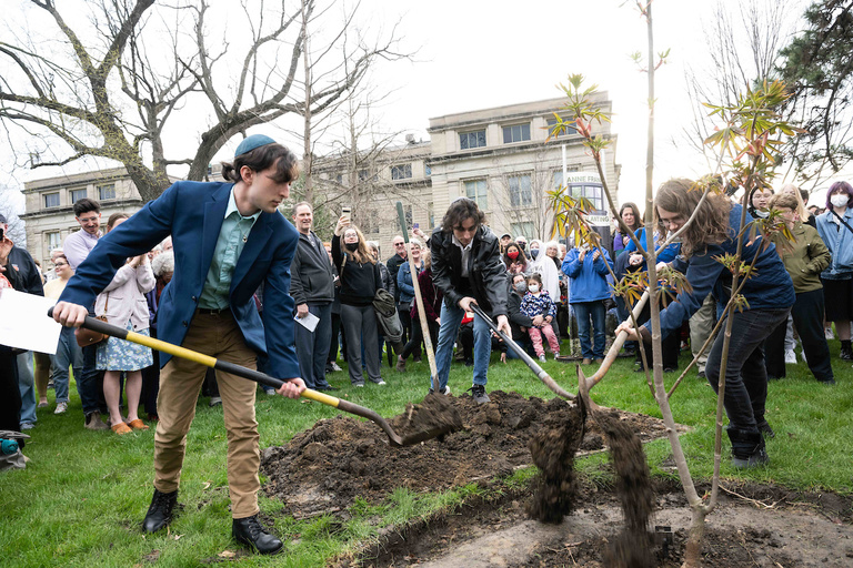 Youth from Agudas Achim Synagogue add the first scoops of earth on to the tree.