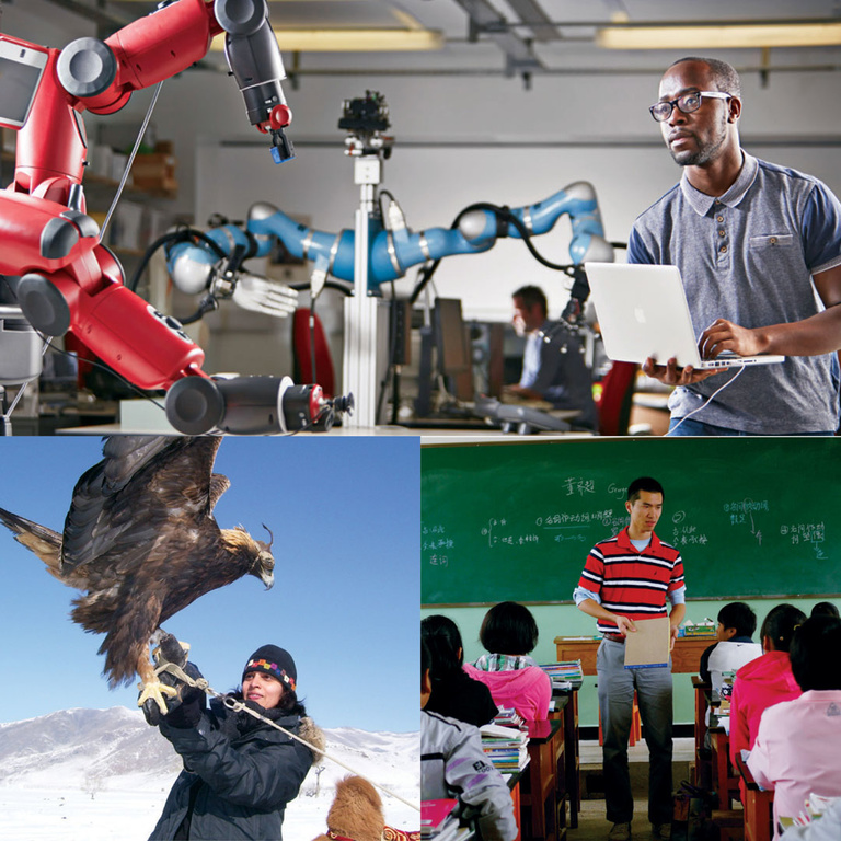 student working with robot arm, woman with hawk, and teacher standing in front of blackboard