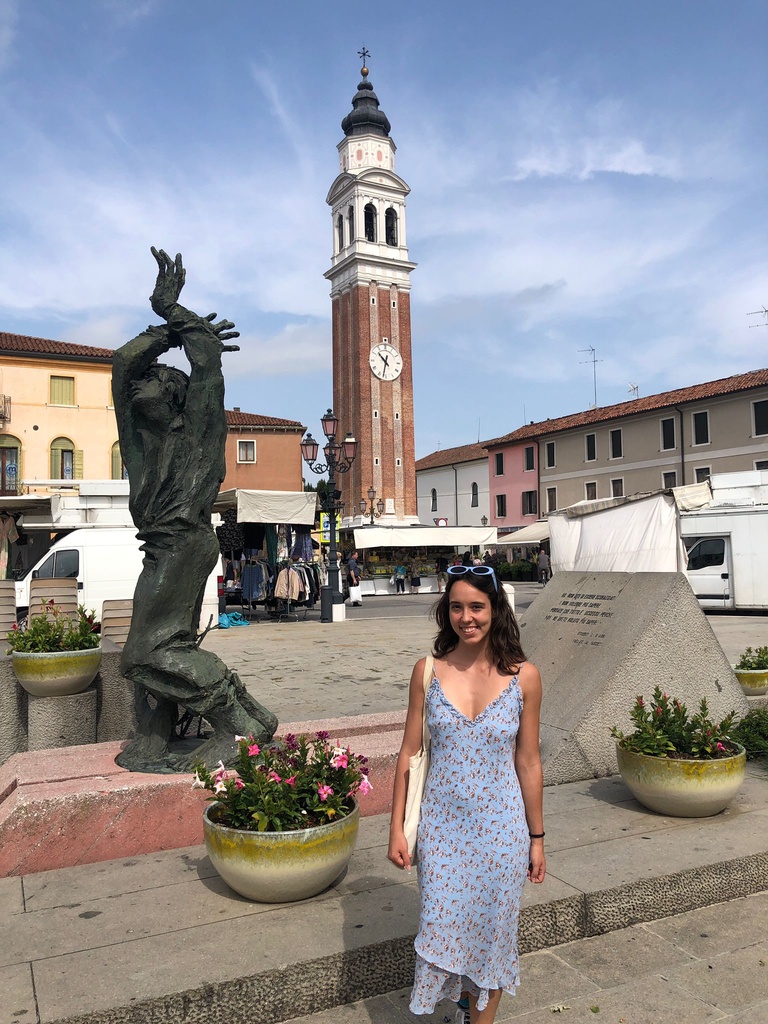 Sophia in downtown Mirano, Italy where her great-great-grandfather is from