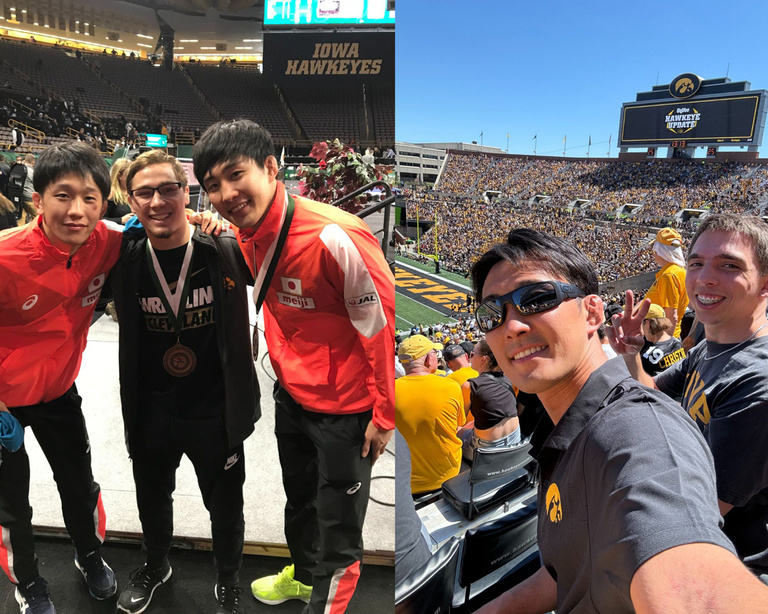 Keisuke Otoguro at Kinnick Stadium and with wrestling teammates