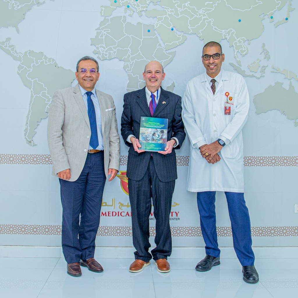Russ Ganim, along with Dean Sherief Khalifa and Dr. Dixon Thomas at the Gulf Medical Hospital in the UAE