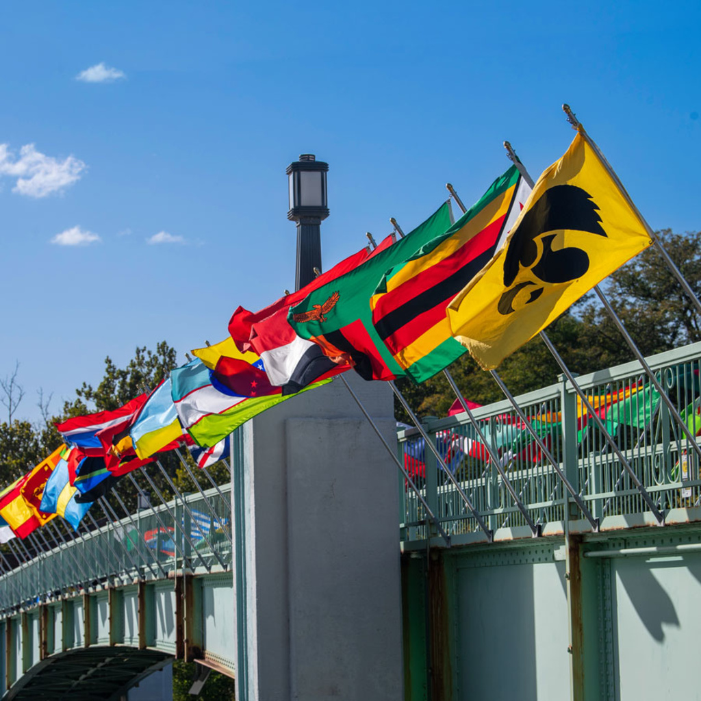 Bridge of flags with Hawkeye flag and world flags