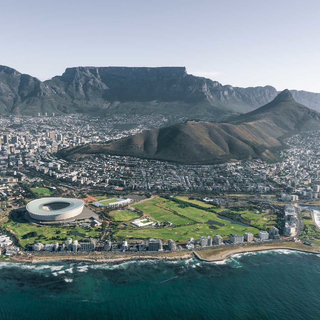 Cape Town, South Africa, birds eye view, mountains and ocean