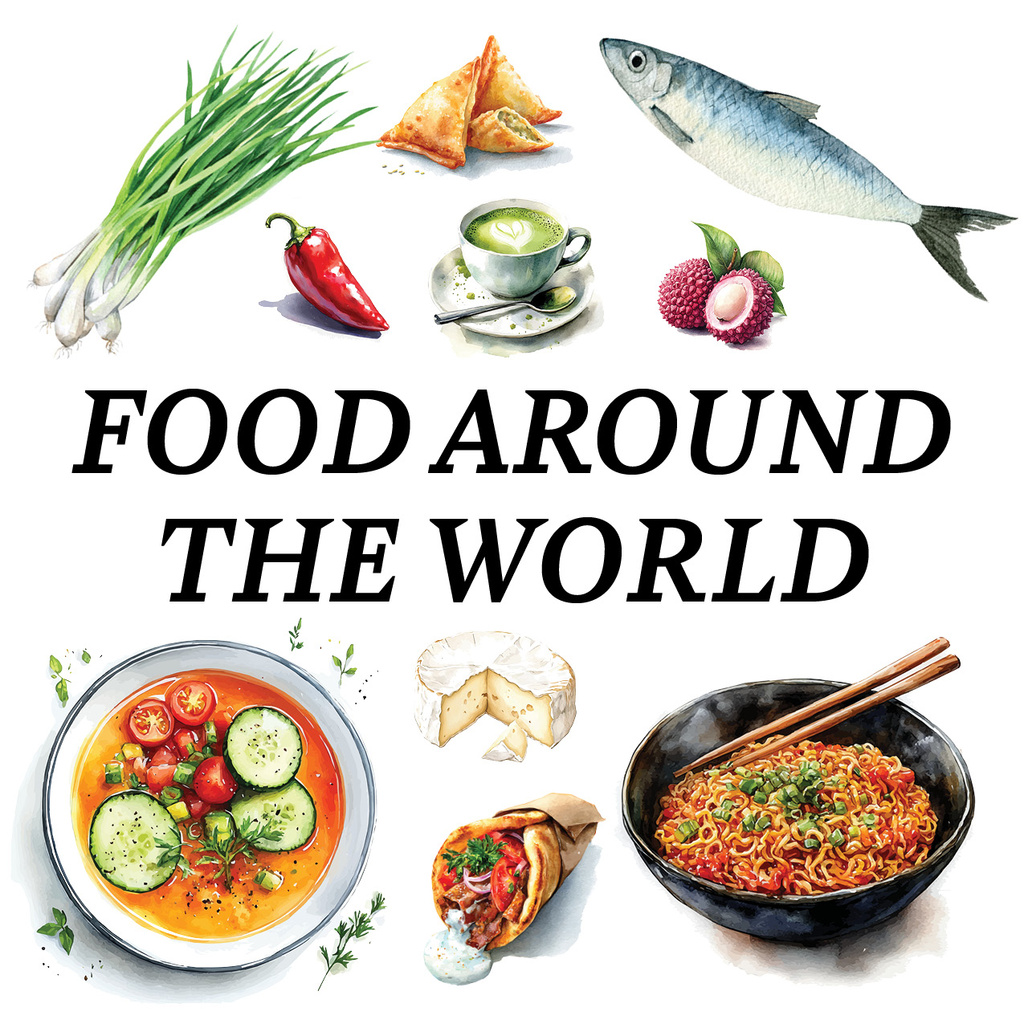 Food around the world and fish, vegetables, soup graphics