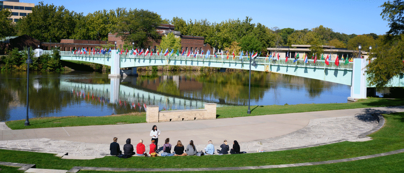 bridge of flags with class of students sitting on grass