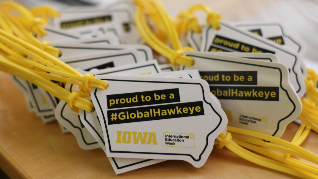 global hawkeye luggage tags in the shape of Iowa
