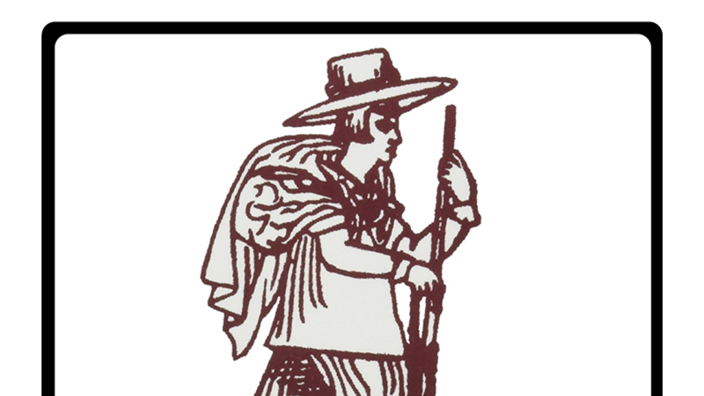 old drawing of man with walking stick wearing wide-brimmed hat 