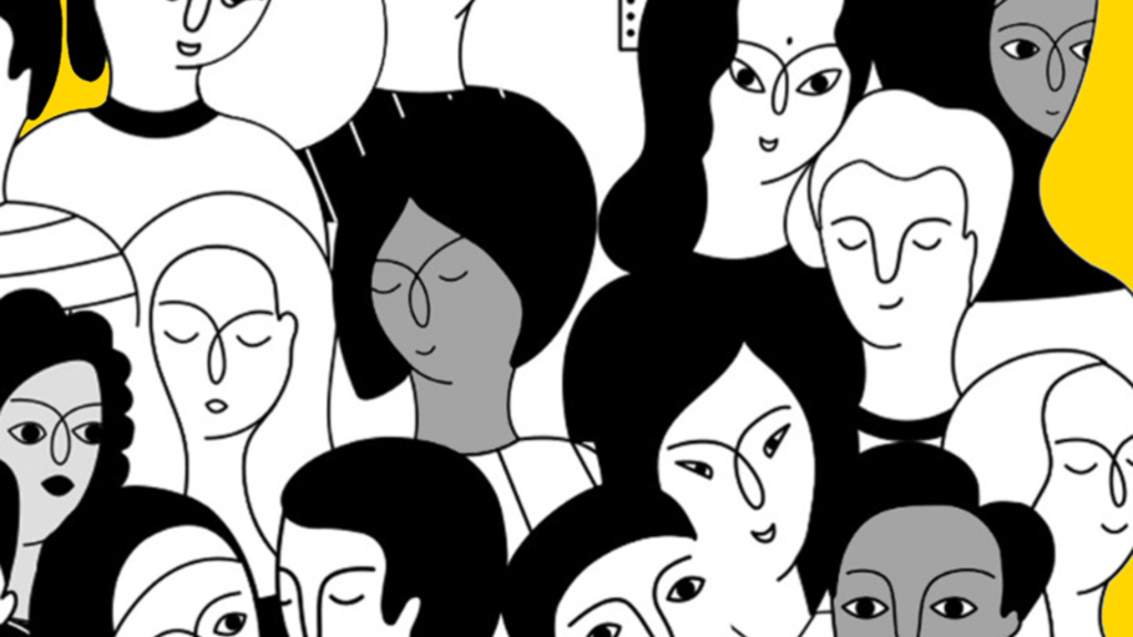 multiple drawn people in black and white