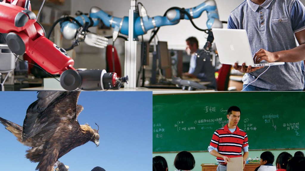 student working with robot arm, woman with hawk, and teacher standing in front of blackboard