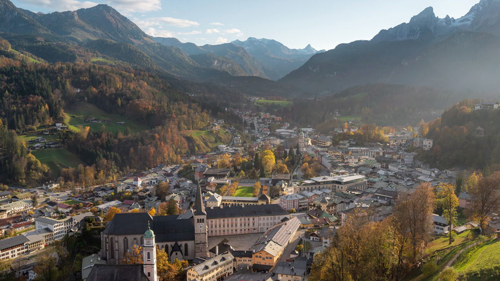 aerial view of German town in mountain valley
