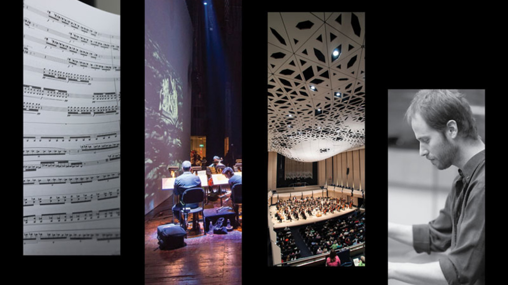 panels showing musicians a concert hall and sheet music