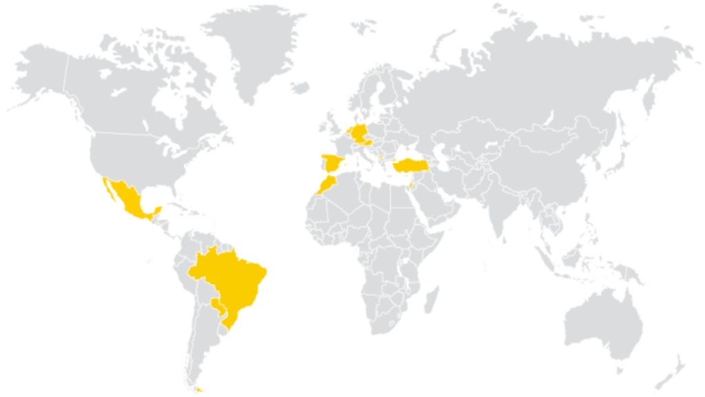 map of the world in gray with represented countries highlighted in yellow